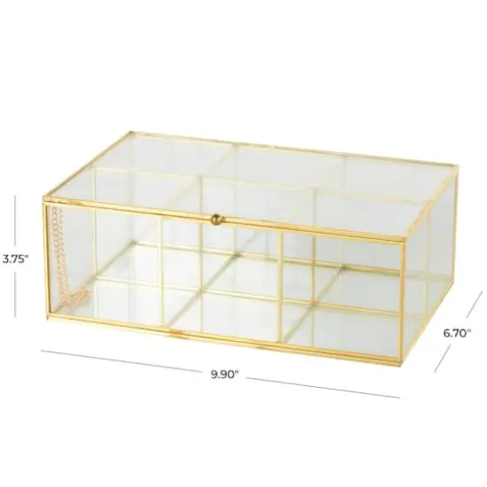 10" x 7" x 4" Clear & Gold 6-Slot Glass & Metal Jewelry Box with Chain Accent {5}