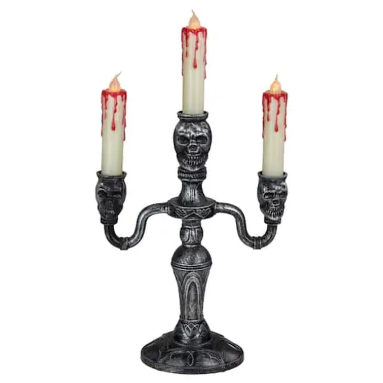 14" Antique Silver Skull Trio Halloween Candelabra D&eacute;cor {1}