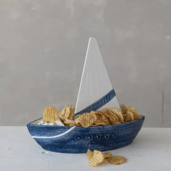 Hello Honey Stoneware Sailboat Shaped Chip and Dip with 2 Sections and Removable Sail, Blue and White {3}