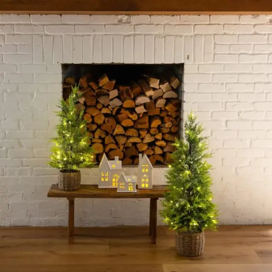 32in. Pre-Lit Artificial Lightly Snowed Cypress Christmas Tree with 30 Warm White LED Lights in Decorative Weaved Basket {13}