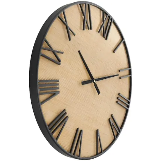 28" Light Brown Wall Clock with Black Metal Frame {4}