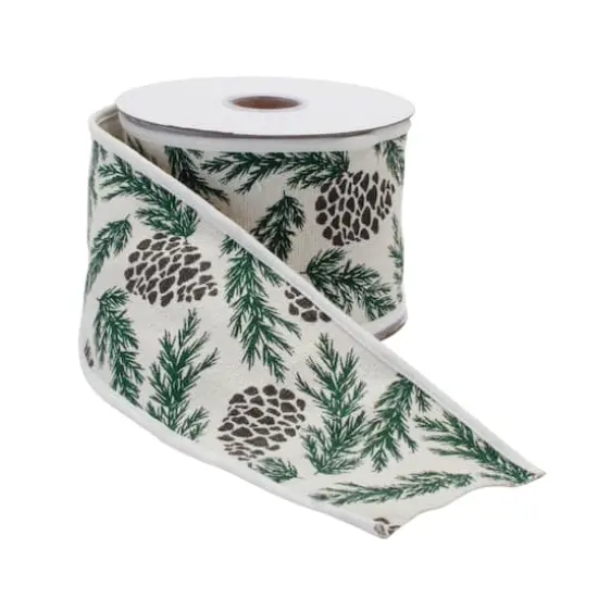 4" x 5yd. Green & White Wired Pine & Pinecone Cotton Ribbon {1}