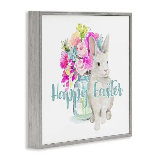 Stupell Industries Happy Easter Calligraphy Bunny Pink Flower Bouquet Framed Giclee Art Gray {4}