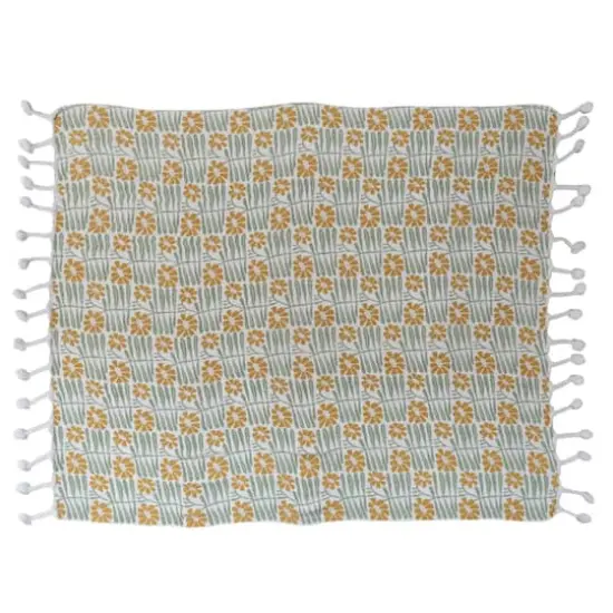Hello Honey&reg; Woven Recycled Cotton Blend Printed Throw with Flowers and Braided Pom Pom Tassels, Sage and Mustard {1}