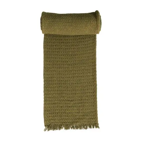 Hello Honey&reg; 108" Green Woven Cotton Table Runner with Metallic Gold Thread & Fringe {4}