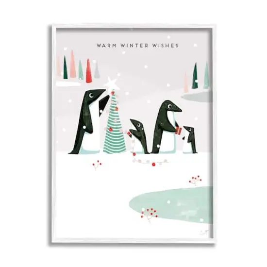Stupell Industries Warm Winter Wishes Snowy Penguins Framed Giclee Art White {1}