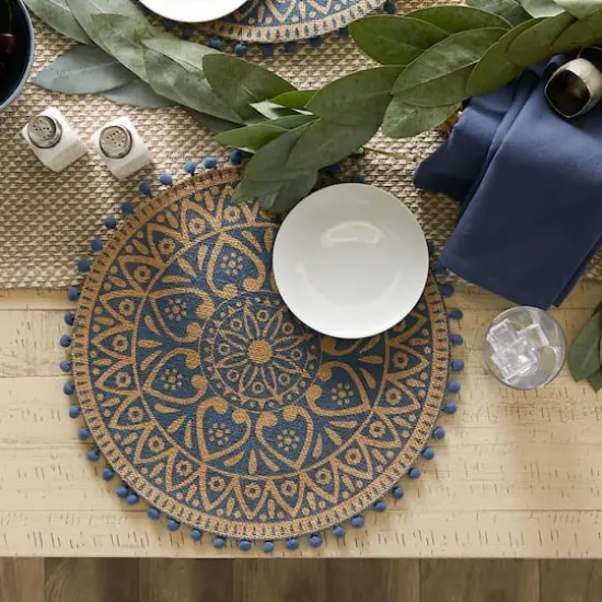 French Blue Block Print On Natural Round Jute Placemat (Set of 6) {5}