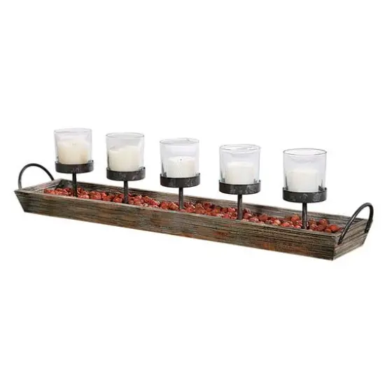 Hello Honey&reg; 5 Metal Votive Candle Holders in Rectangle Wood Tray {1}