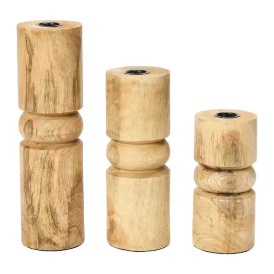 Hello Honey&reg; Wood Stack Taper Candle Holder Set Natural Finish {1}
