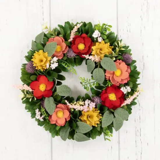13.75" Wooden Mixed Floral & Foliage Artificial Spring Wreath {6}