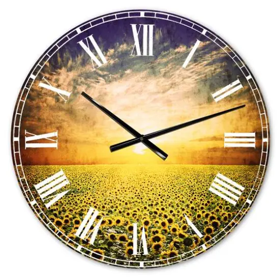 Designart 'Beauty Sunset Over Sunflowers Field Modern Wall Clock {1}
