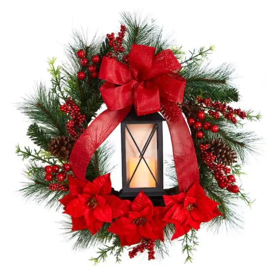 28" Poinsettia & Berry Holiday Lantern Christmas Wreath with LED Candle {1}