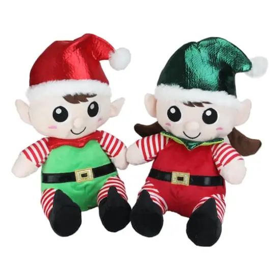 13" Red Plush Sitting Boy & Girl Christmas Elf Figure Set {4}