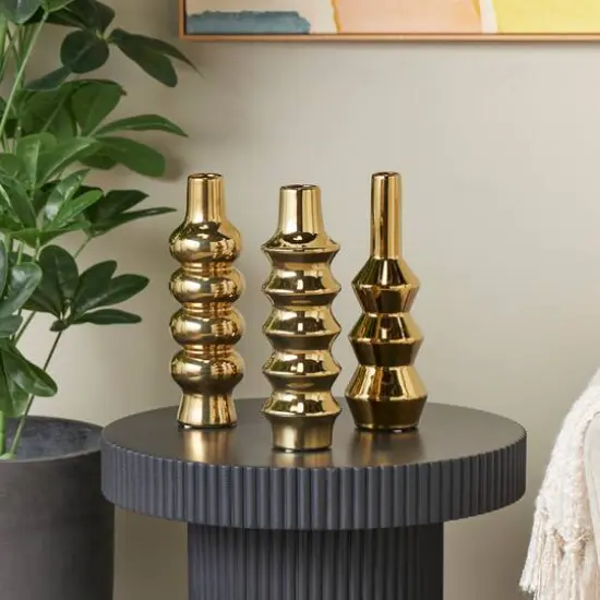 Gold Ceramic Abstract Bubble Ribbed Vase Set {10}