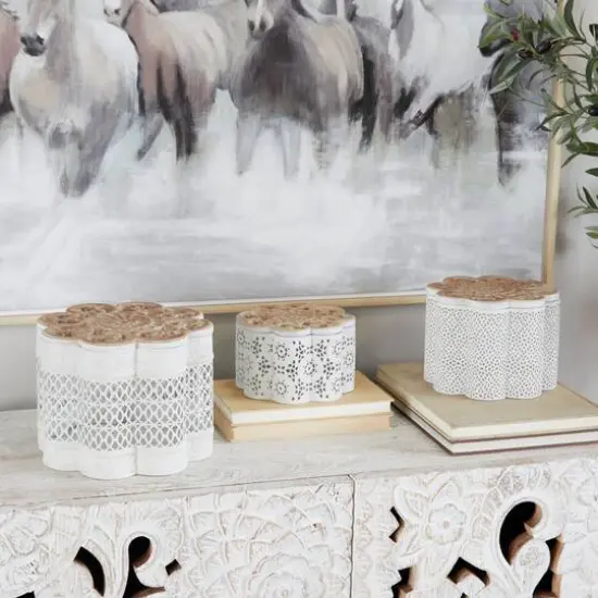 White Metal Quatrefoil Decorative Jars with Wood Carved Lids Set {3}