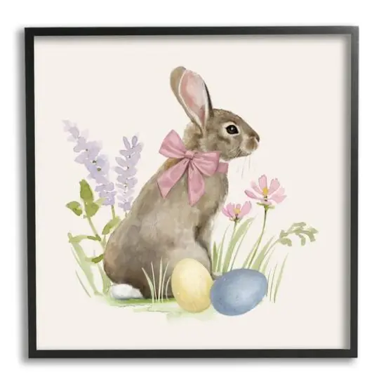 Stupell Industries Easter Bunny Rabbit Bow Spring Flowers & Eggs Framed Giclee Art Black {1}