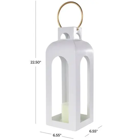 22.5" White Metal Tall Arched Cutout Candle Lantern with Gold Handle {7}