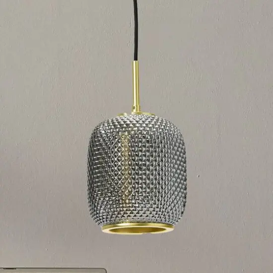 Hello Honey® Smoked Embossed Glass Shade Pendant Lamp with Brass Accents {4}