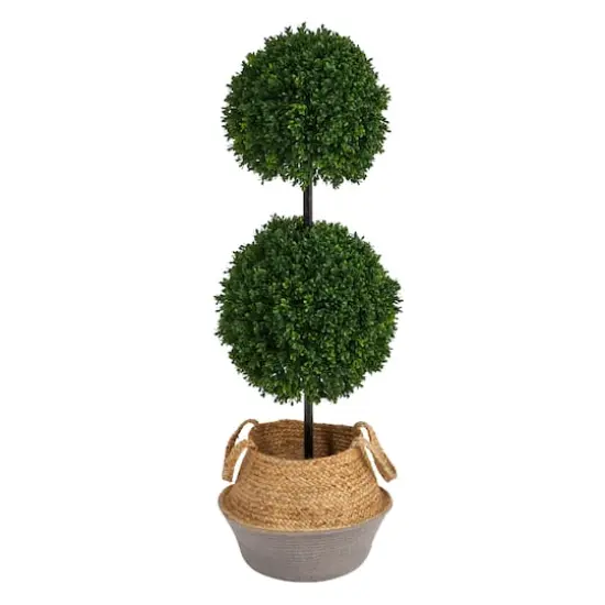 3.5ft. Boxwood Double Ball Artificial Topiary Tree in Boho Chic Handmade Cotton & Jute Gray Woven Planter UV Resistant (Indoor/Outdoor) {3}