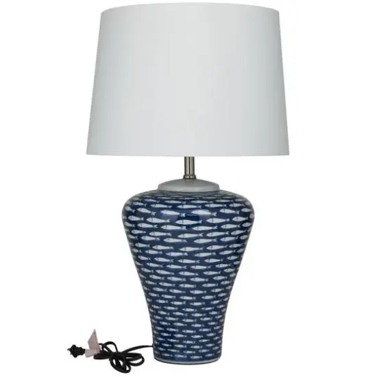 Dark Blue Ceramic Gourd Style Base Fish Table Lamp with Drum Shade 15" x 15" x 29" {3}
