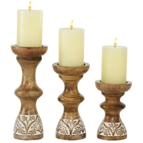Brown Mango Wood Country Candle Holder Set {1}