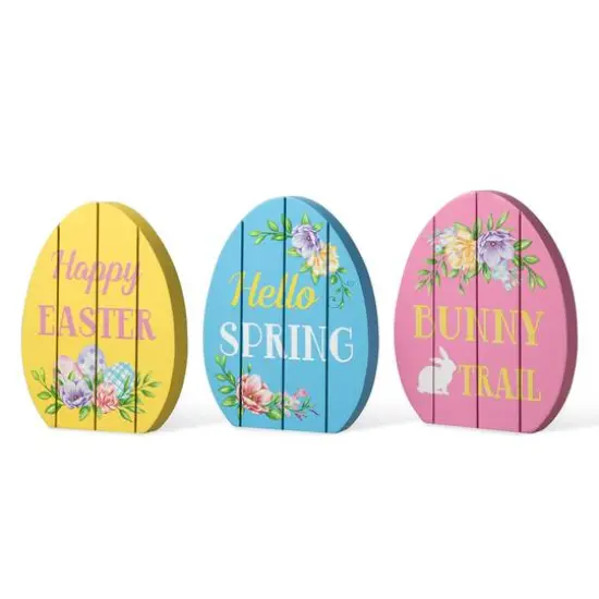 Glitzhome&reg; 7.5" Set of 3 Easter Wooden Easter Egg Table Decor {7}
