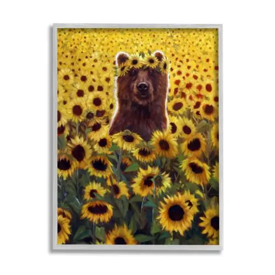 Stupell Industries Happy Bear Sunflower Field Framed Giclee Art Gray {1}