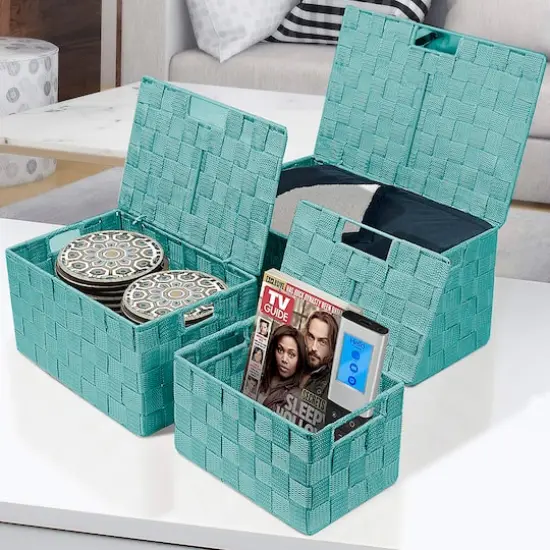 Sorbus 3-Piece Woven Basket with Lid Set Aqua {3}
