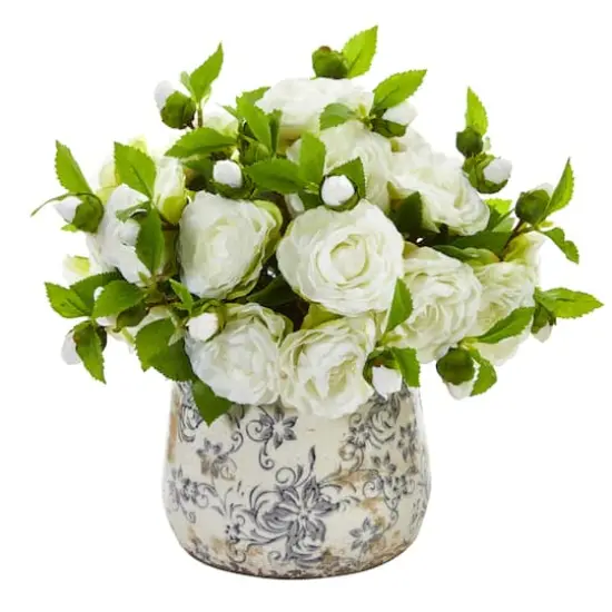 13" Camellia Arrangement in Decorative Vase White {1}