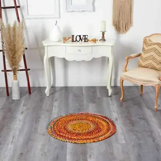 3ft. x 3ft. Hand Braided Boho Colorful Chindi Round Rug {4}