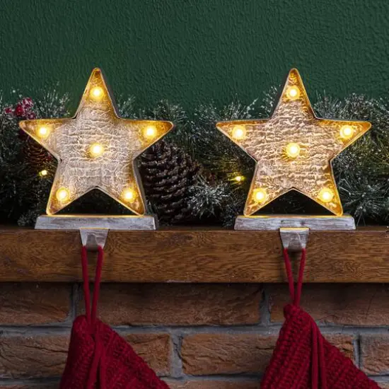Glitzhome&reg; 8" Marquee LED Star Wooden & Metal Stocking Holder Set {3}
