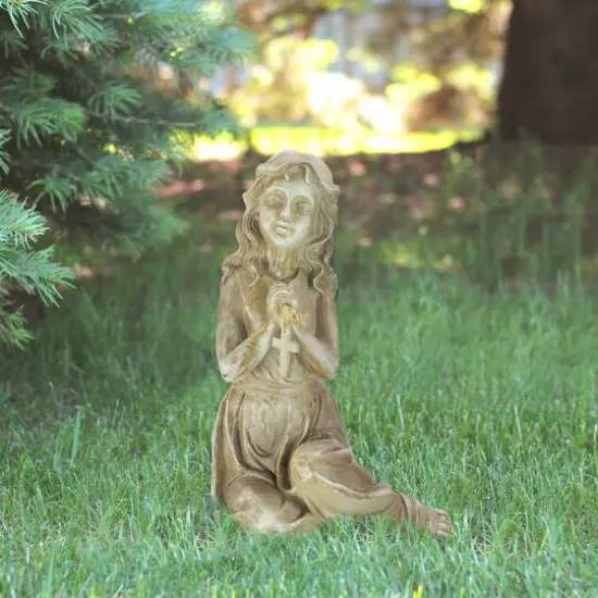 14.5" Weathered Brown Sitting Angel with Cross Outdoor Garden Statue {4}
