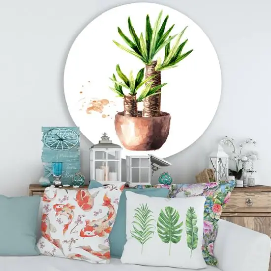 Designart - Yucca Tree In The Ceramic Flower Pot - Traditional Metal Circle Wall Art {1}