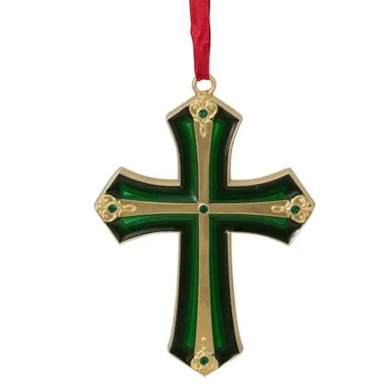 3.5" Green & Gold Layering Effect with Crystals Cross Ornament {4}