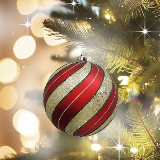 8.25" Red with Green & Gold Glitter Peppermint Stripes Jumbo Ball Ornament by Ashland® {3}