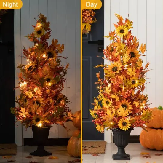 Glitzhome&reg; 48" Fall Lighted Maple Leaf & Sunflower Urn Porch Tree with Timer {7}