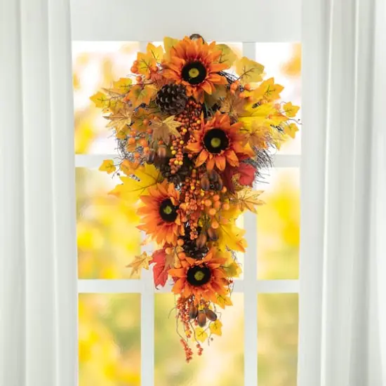 Glitzhome&reg; 27" Fall Sunflower, Maple Leaf & Berry Swag {3}