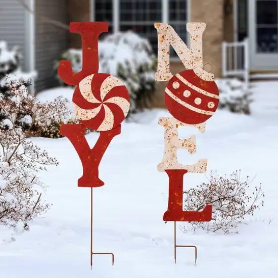 Glitzhome&reg; 3ft. Metal Joy & Noel Yard Stake Set {3}
