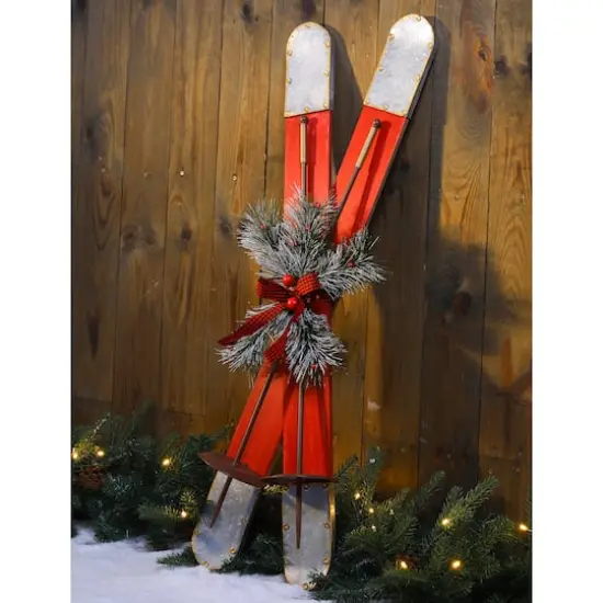 Glitzhome&reg; 35" Red Wooden & Galvanized Ski Porch D&eacute;cor {4}