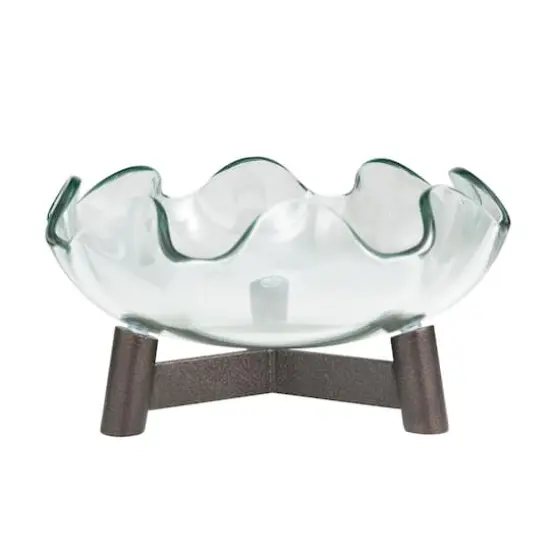 9" Clear Glass Floral Inspired Serving Bowl with Bronze Hammered Y-Shaped Stand {5}
