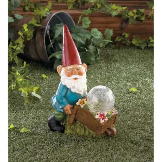 11.75" Gnome with Wheel Barrow Solar Statue {3}