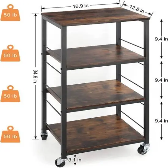 Rustic Brown 4-Tier Utility Cart Rolling Kitchen Storage Cart Wood Top {3}