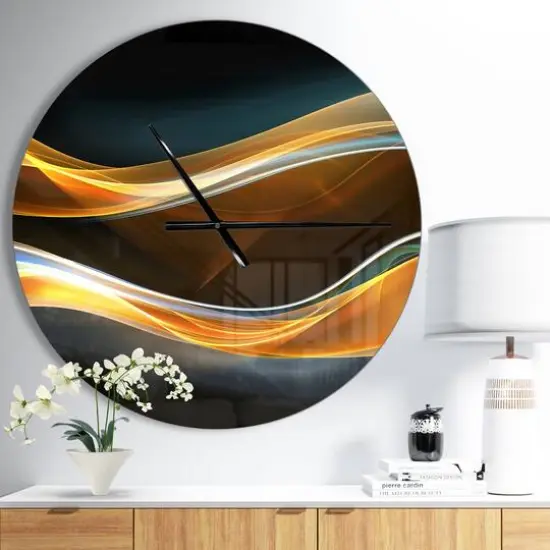 Designart 3D Gold Waves In Black Modern Wall Clock {3}