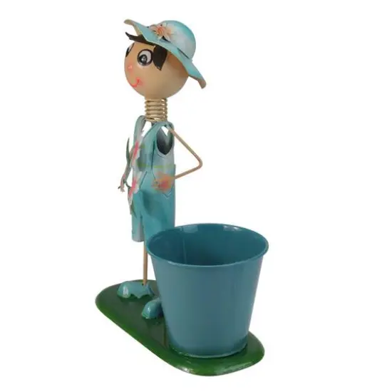 13.5" Boy With Blue Overalls & Flowers Spring Outdoor Planter {3}