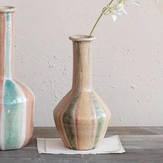 Hello Honey&reg; 10.5" Green & Cream Hand-Painted Crackle Glaze Terra Cotta Vase with Tall Neck {4}