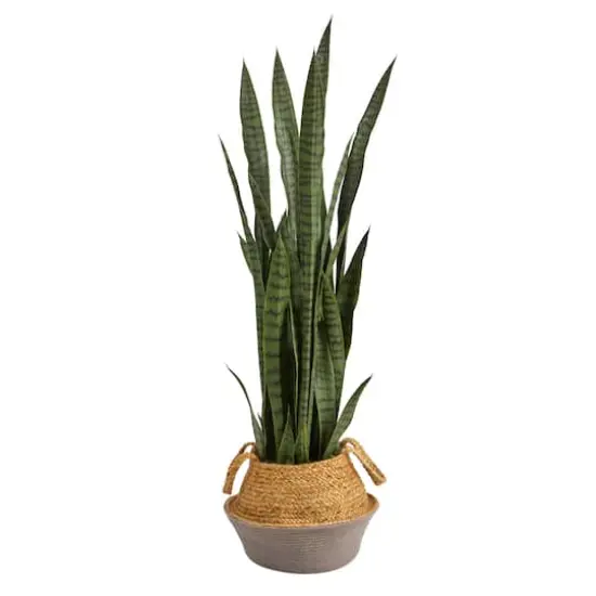 46" Sansevieria Artificial Plant in Boho Chic Handmade Cotton & Jute Gray Woven Planter {1}