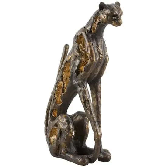 19" Bronze Polystone Distressed Textured Sitting Leopard Sculpture with Cutouts & Gold Accents {1}