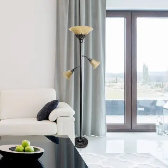 Lalia Home Torchiere Floor Lamp with 2 Reading Lights Restoration Bronze/Amber Shades {6}