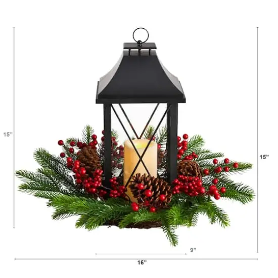 16" Christmas Berries, Pinecones & Greenery with Lantern and LED Candle Artificial Table Arrangement {4}