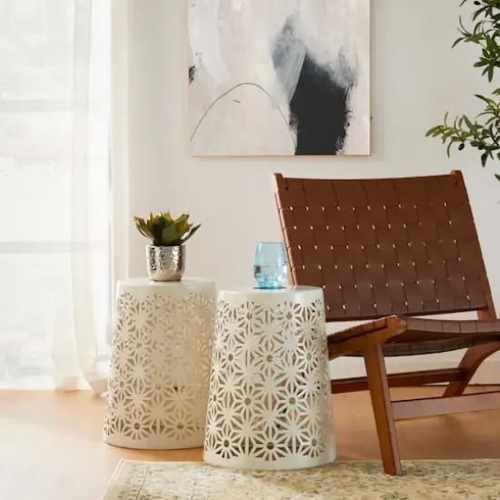 Glitzhome&reg; 17.5" Iron Geometric Pattern Solar Garden Stool Set White {5}